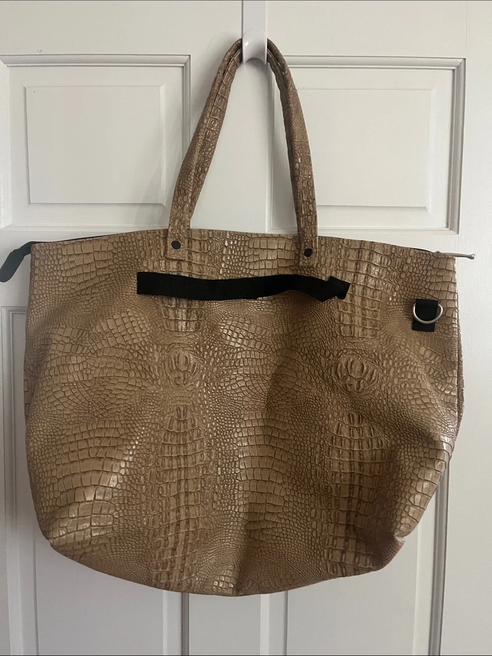 Large Taupe Croc-Embossed Travel Tote Bag